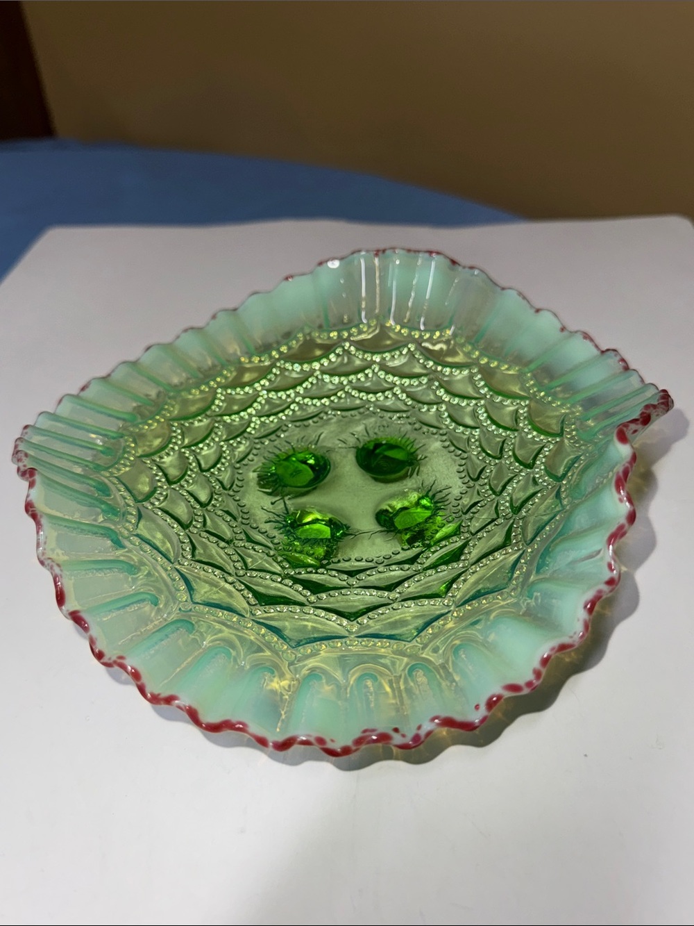 Jefferson Glass Green Opalescent Beaded Drapes 4 footed Bowl w/ Cranberry Frit